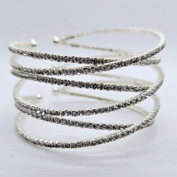 Stretch Rhinestone Cuff Silver Tone Bracelet - Picture 3 of 5
